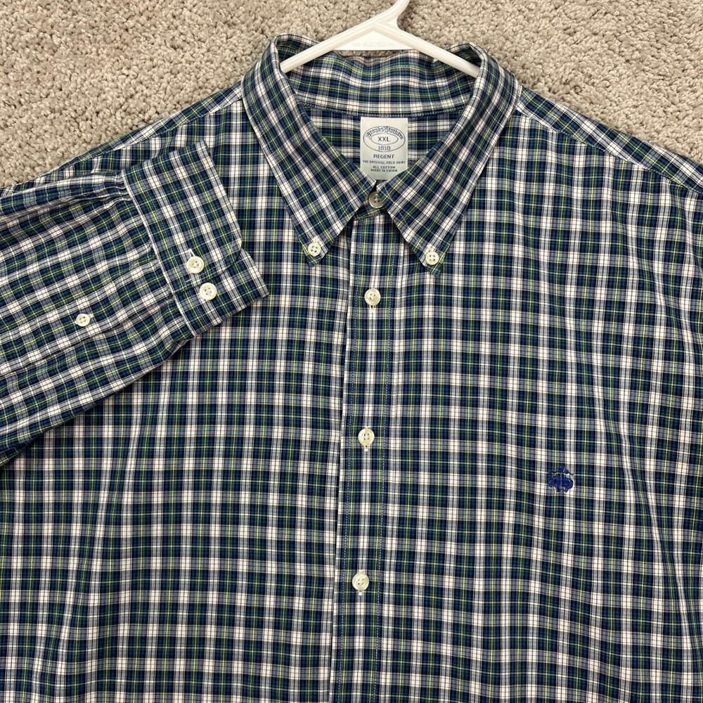 Brooks Brothers‎ Regent Shirt Mens 2XL Blue Green Plaid Classic Fit Buffalo Logo